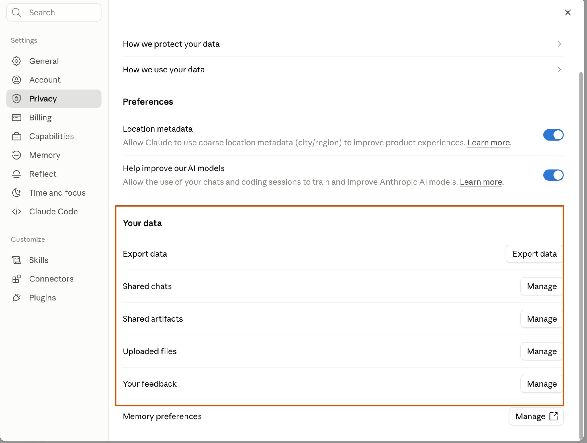 Claude data export settings