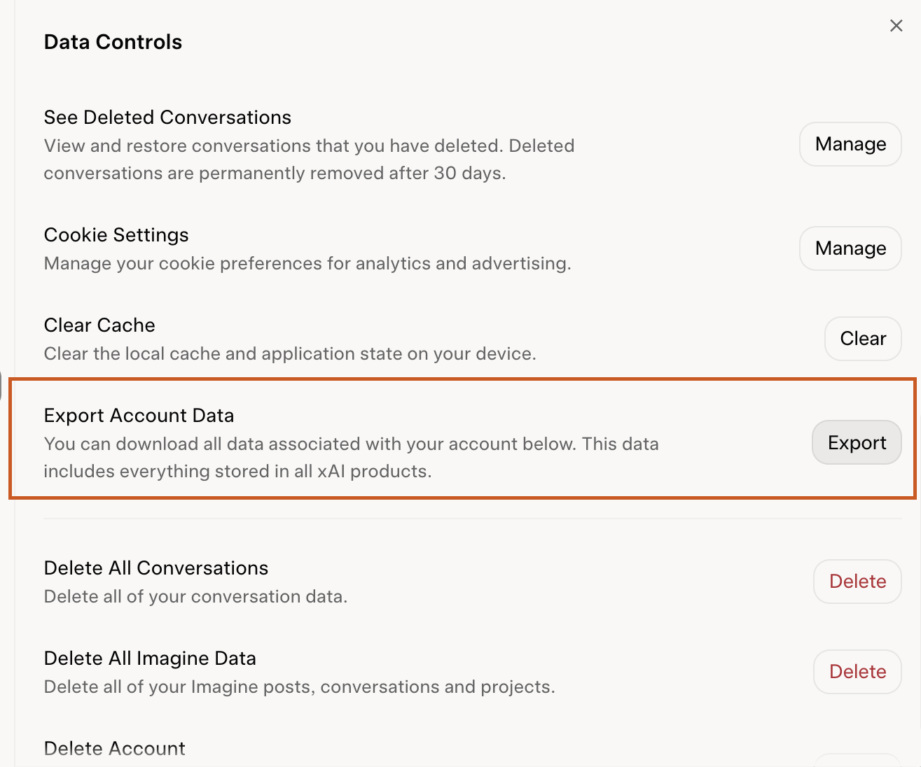 Grok account data export settings
