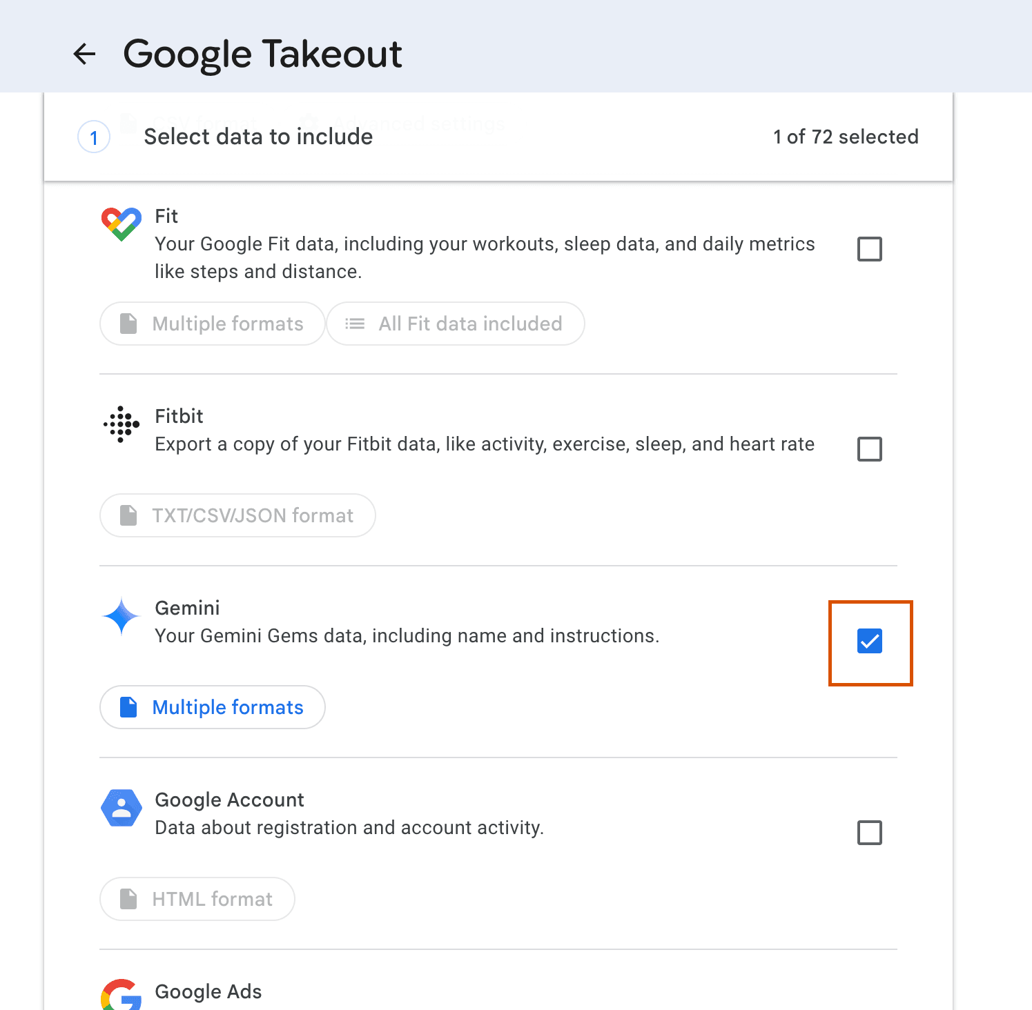 Gemini settings menu with the data export option