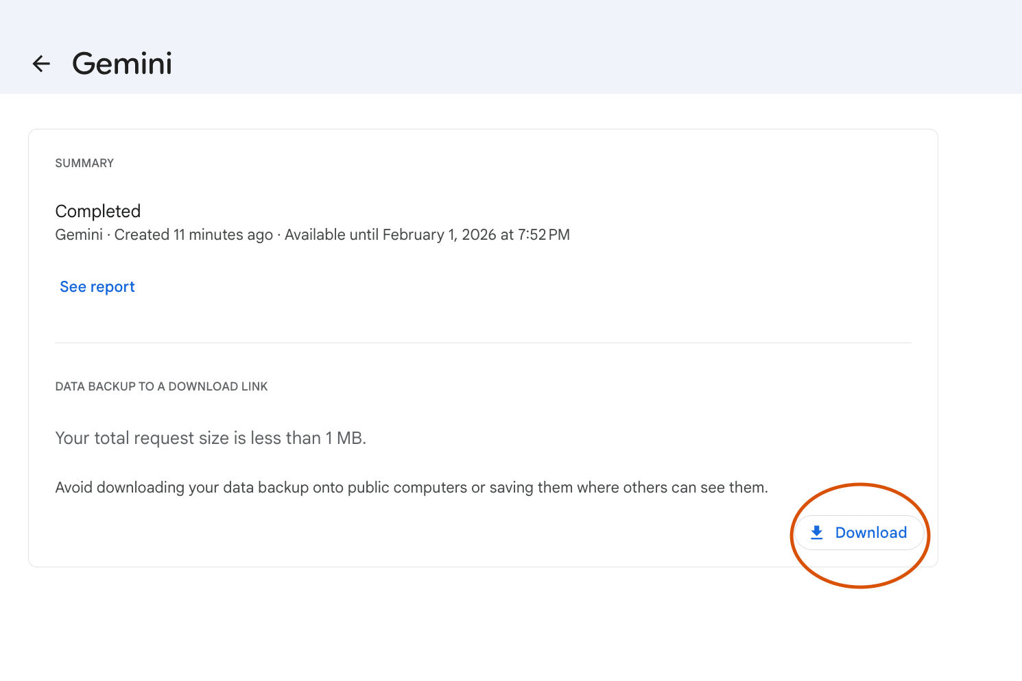 Gemini data export confirmation screen